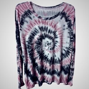 A) No Boundaries Tie-Dye Long Sleeve Top | Size 3X (21) Pink Black Spiral Print